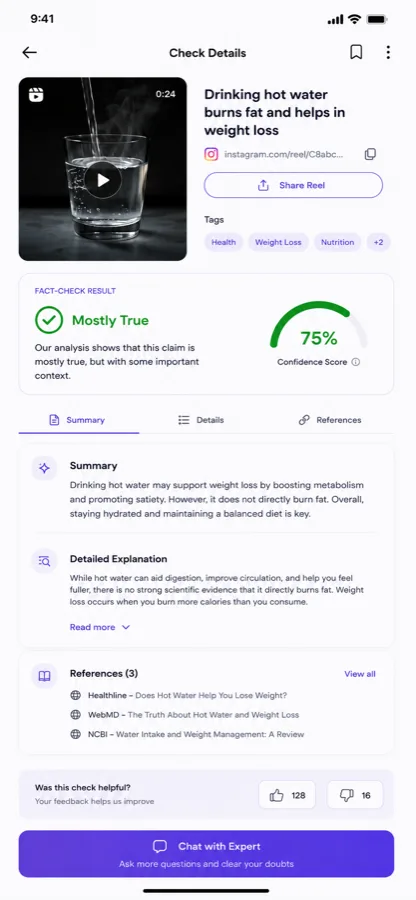 InstaFact verdict screen
